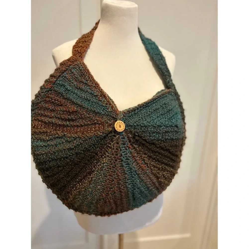 Crocheted Shoulder Bag Boho Artisan‎ Button Detail Teal Brown